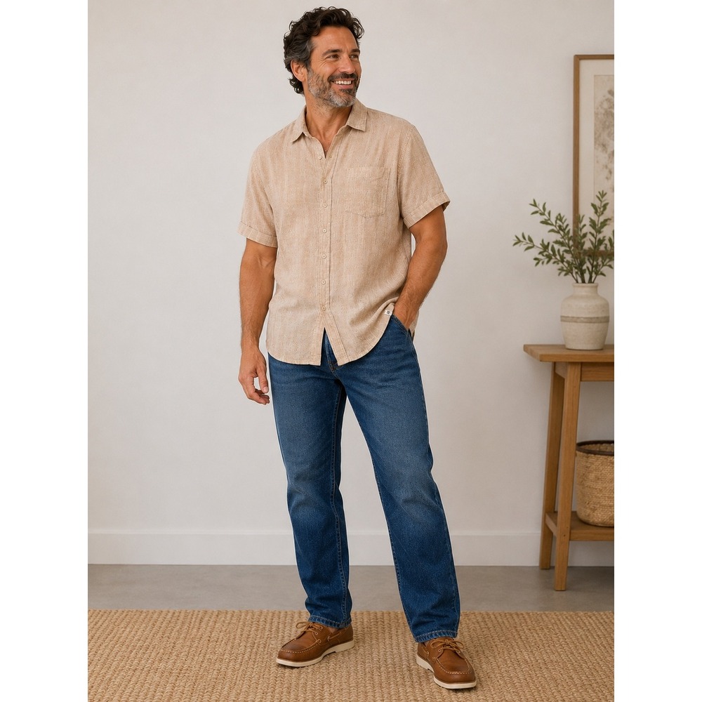 Chaps Mens Tan Striped Short Sleeve Linen Blend Button Down Shirt Large RN162088